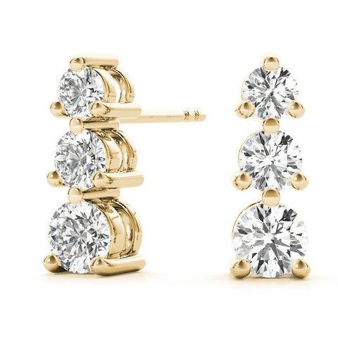 Yellow gold Three-Stone Round Diamond Prong-Set Drop Earrings