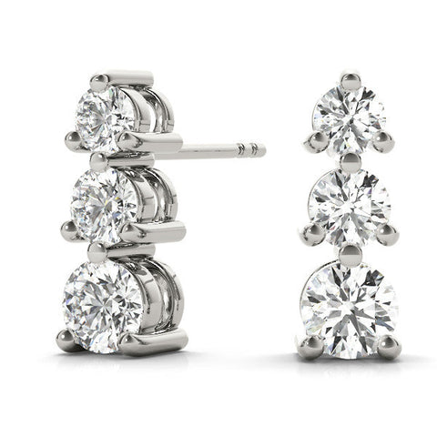White gold Three-Stone Round Diamond Prong-Set Drop Earrings
