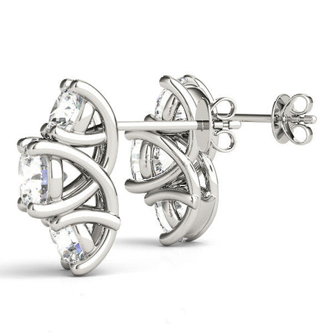 White gold Round Diamond Prong Set Three-Stone White Gold Earrings