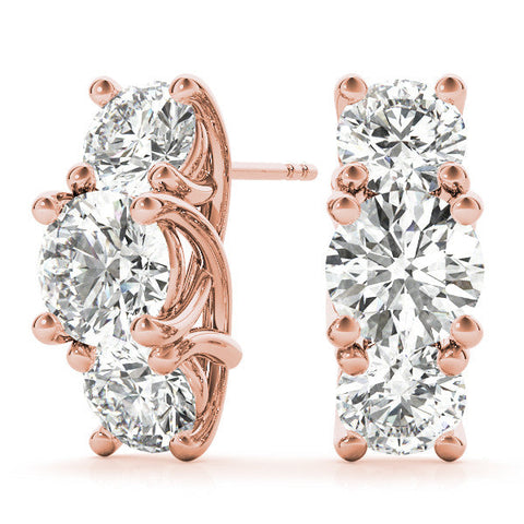 Rose gold Round Diamond Prong Set Three-Stone White Gold Earrings