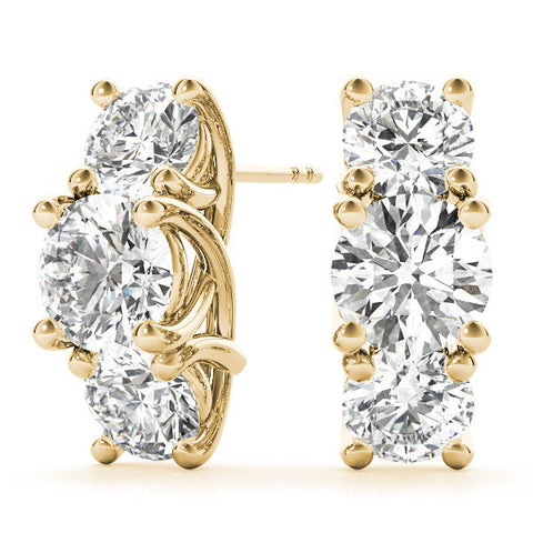 Yellow gold Round Diamond Prong Set Three-Stone White Gold Earrings