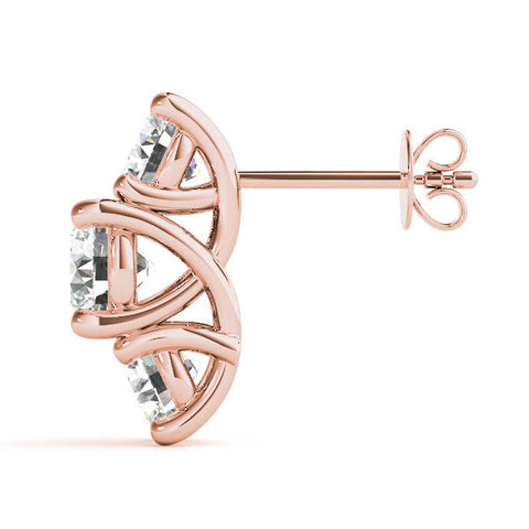 Rose gold Round Diamond Prong Set Three-Stone White Gold Earrings