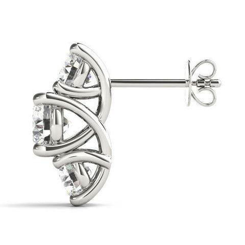 White gold Round Diamond Prong Set Three-Stone White Gold Earrings