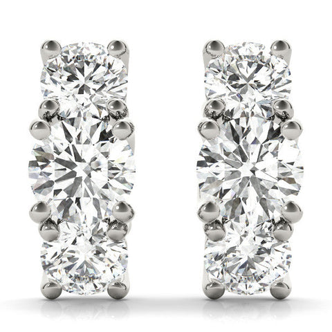 White gold Round Diamond Prong Set Three-Stone White Gold Earrings