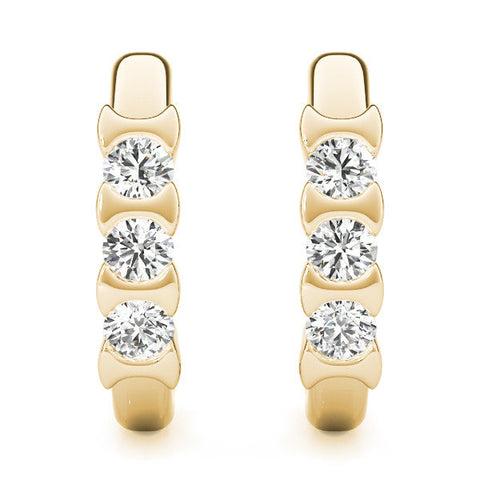 Yellow gold Channel Set Round Diamond Hoop Earrings with Claw Prong Setting