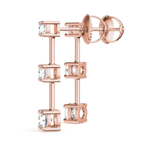 Rose gold Three-Stone Round Cut Drop Earrings with Prong Setting
