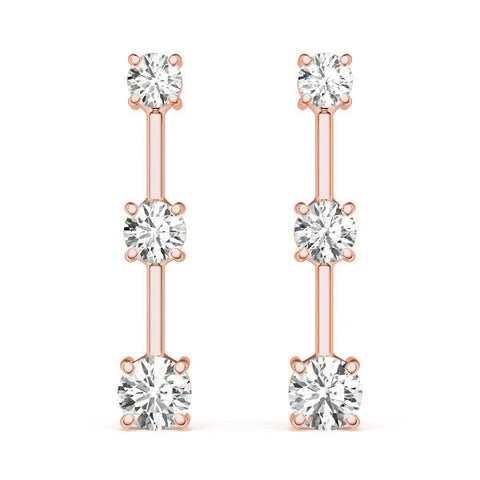 Rose gold Three-Stone Round Cut Drop Earrings with Prong Setting