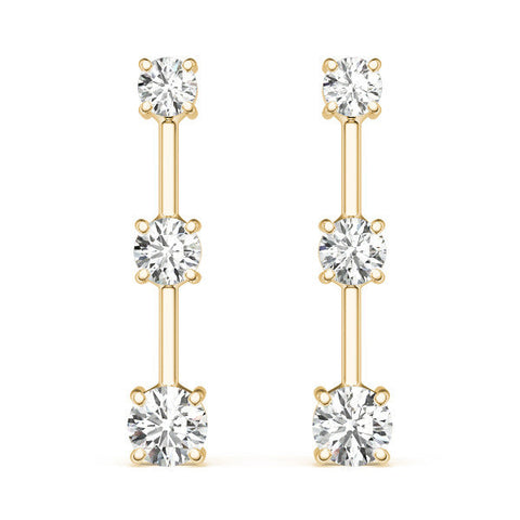 Yellow gold Three-Stone Round Cut Drop Earrings with Prong Setting