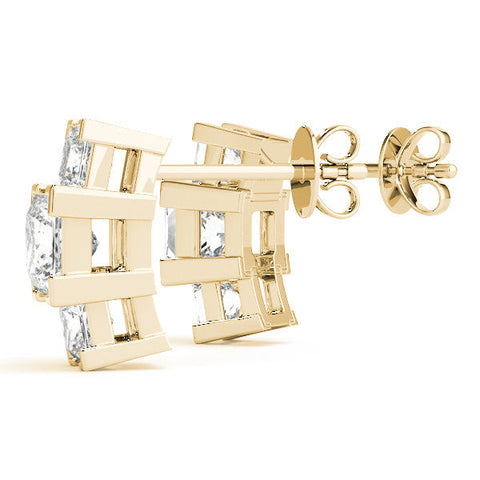 Yellow gold Three-Stone Princess Cut Channel Set Earrings with Bar Prong Setting
