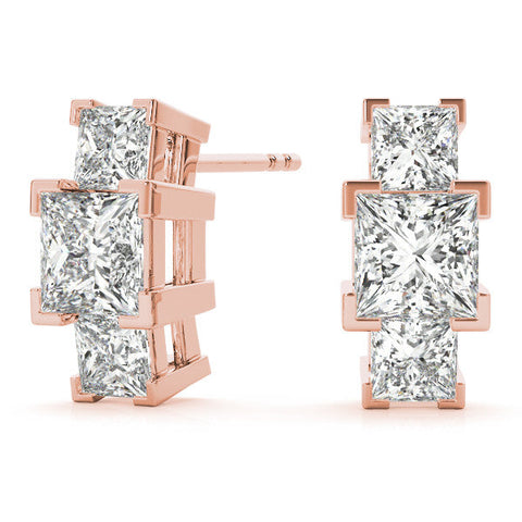 Rose gold Three-Stone Princess Cut Channel Set Earrings with Bar Prong Setting