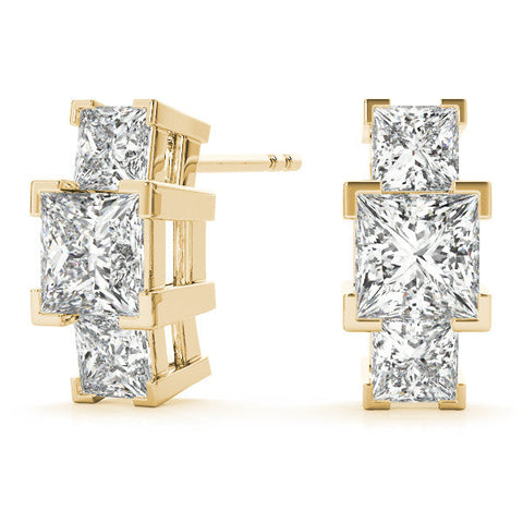 Yellow gold Three-Stone Princess Cut Channel Set Earrings with Bar Prong Setting