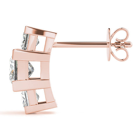 Rose gold Three-Stone Princess Cut Channel Set Earrings with Bar Prong Setting