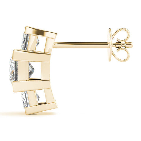 Yellow gold Three-Stone Princess Cut Channel Set Earrings with Bar Prong Setting