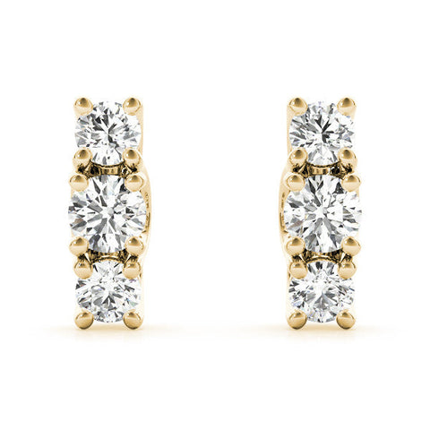 Yellow gold Three-Stone Round Diamond Channel Band Prong-Set Earrings