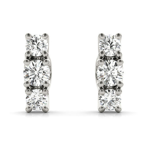 White gold Three-Stone Round Diamond Channel Band Prong-Set Earrings