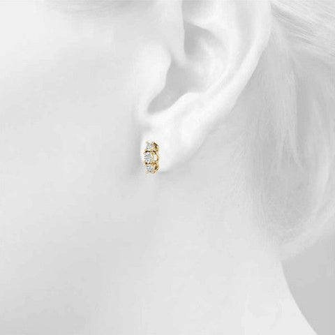 Yellow gold Three-Stone Round Diamond Channel Band Prong-Set Earrings