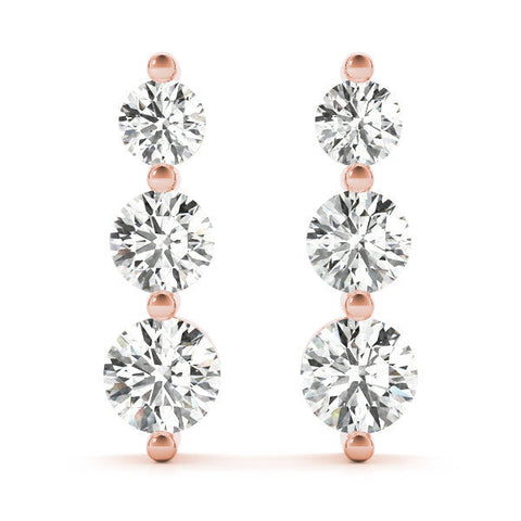 Rose gold Three-Stone Round Diamond Drop Earrings with Prong Setting on White Gold