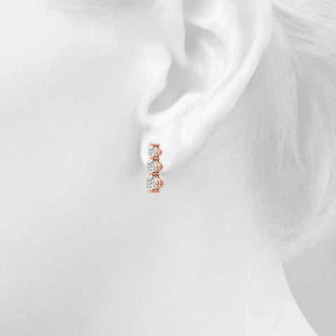Rose gold Three-Stone Round Diamond Drop Earrings with Prong Setting on White Gold