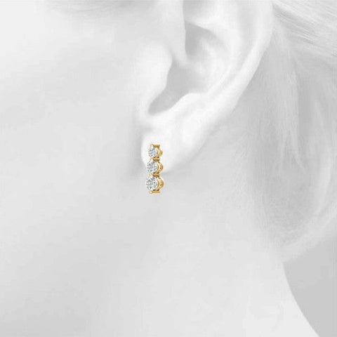 Yellow gold Three-Stone Round Diamond Drop Earrings with Prong Setting on White Gold