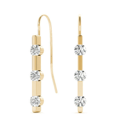 Yellow gold Round Diamond Bar Drop Earrings with Bezel Setting