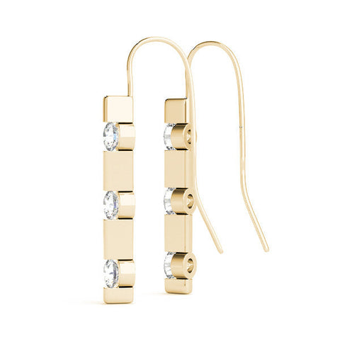 Yellow gold Round Diamond Bar Drop Earrings with Bezel Setting