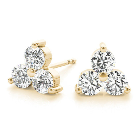 Yellow gold Triangular Cluster Round Diamond Stud Earrings with Prong Setting