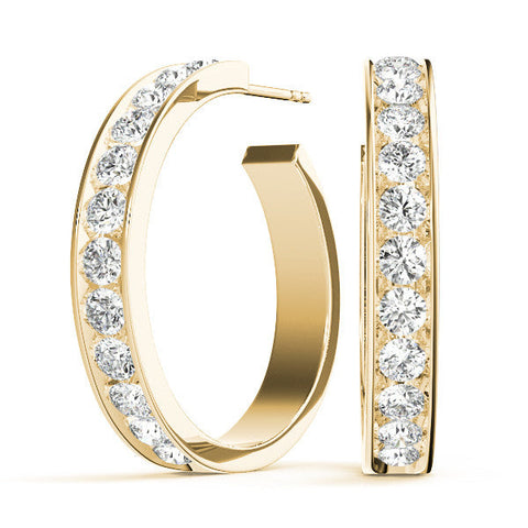 Yellow gold Channel Set Round Diamond Hoop Earrings