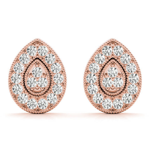 Rose gold Pavé Pear-Shaped Halo Stud Earrings with Milgrain Detailing