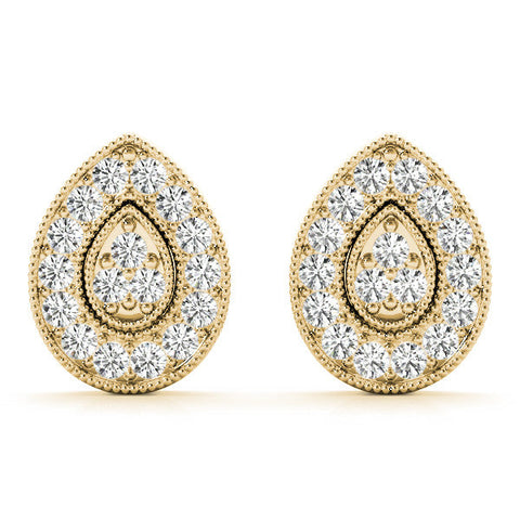 Yellow gold Pavé Pear-Shaped Halo Stud Earrings with Milgrain Detailing