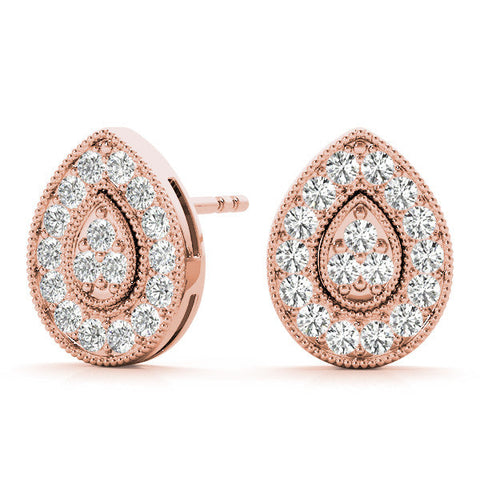 Rose gold Pavé Pear-Shaped Halo Stud Earrings with Milgrain Detailing