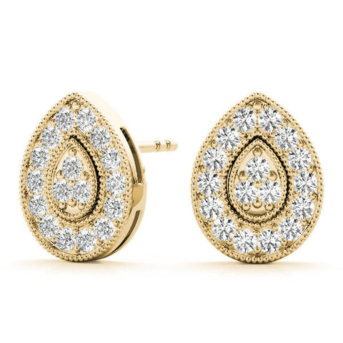 Yellow gold Pavé Pear-Shaped Halo Stud Earrings with Milgrain Detailing