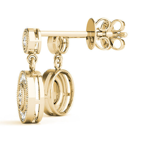 Yellow gold Round Halo Diamond Drop Earrings with Milgrain Bezel Setting