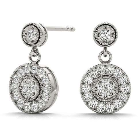 White gold Round Halo Diamond Drop Earrings with Milgrain Bezel Setting