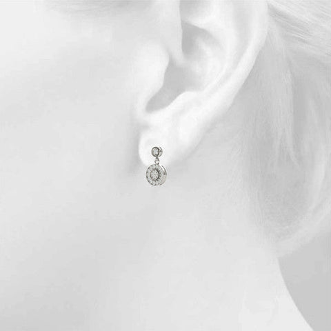 White gold Round Halo Diamond Drop Earrings with Milgrain Bezel Setting
