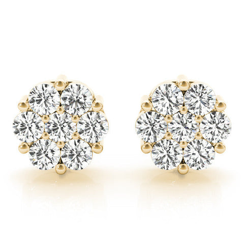 Yellow gold Cluster Round Diamond Stud Earrings with Prong Setting