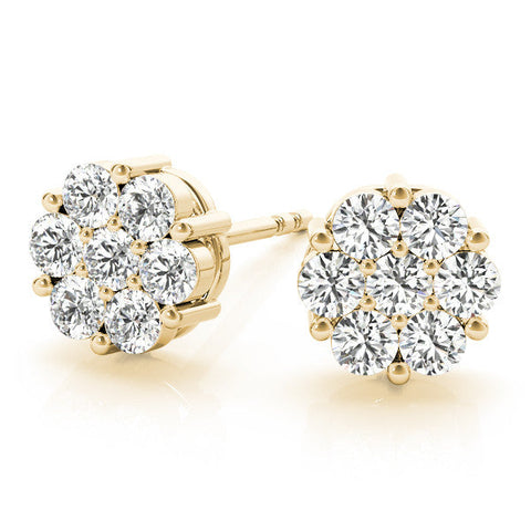 Yellow gold Cluster Round Diamond Stud Earrings with Prong Setting