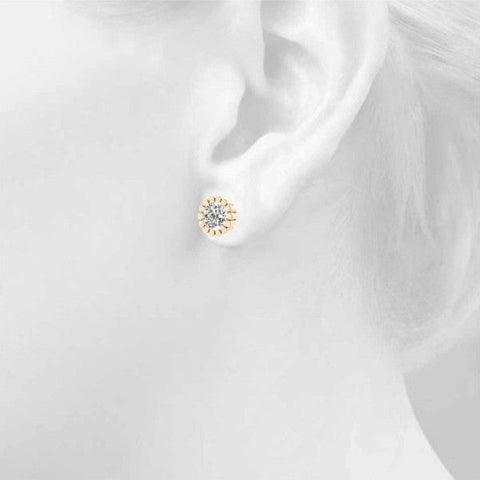 Yellow gold Round Diamond Flower Halo Stud Earrings with Petal Prong Setting