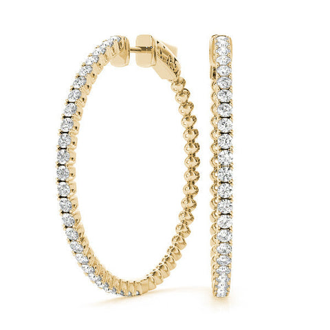 Yellow gold Round Cut Diamond Hoop Earrings with Pavé Setting and Prong Set Stones