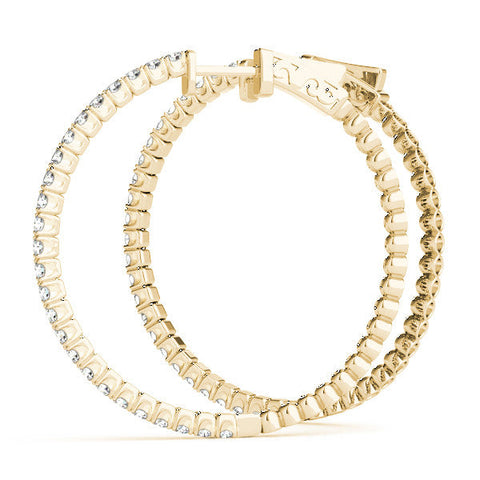 Yellow gold Round Cut Diamond Hoop Earrings with Pavé Setting and Prong Set Stones