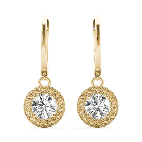 Yellow gold Round Cut Milgrain Bezel Set Leverback Earrings