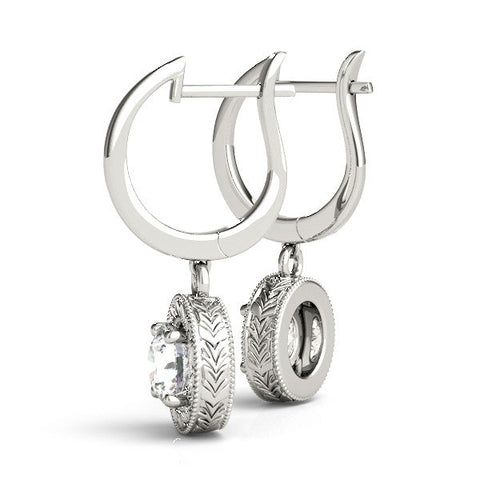 White gold Round Cut Milgrain Bezel Set Leverback Earrings