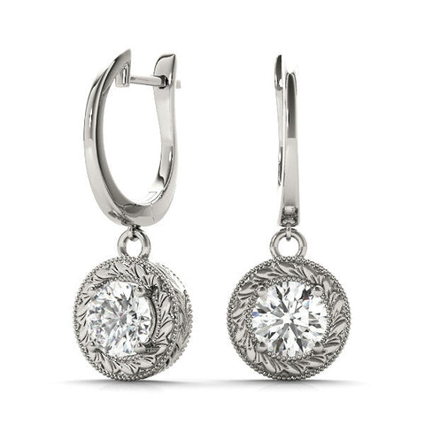 White gold Round Cut Milgrain Bezel Set Leverback Earrings