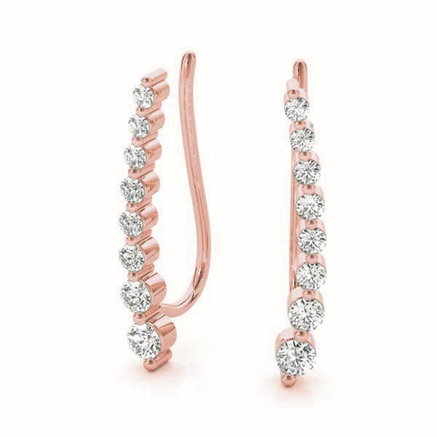Rose gold Round Diamond Climber Earrings with Prong Setting on Curved Band