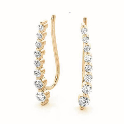 Yellow gold Round Diamond Climber Earrings with Prong Setting on Curved Band