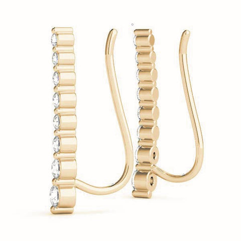 Yellow gold Round Diamond Climber Earrings with Prong Setting on Curved Band