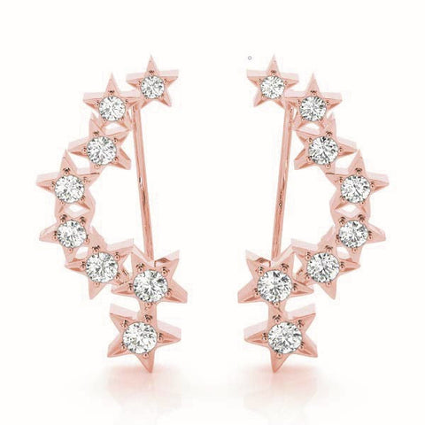 Rose gold Star Cluster Diamond Crescent Earrings with Round Cut Stones on a Curved Band and Prong Setting