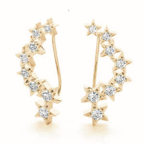 Yellow gold Star Cluster Diamond Crescent Earrings with Round Cut Stones on a Curved Band and Prong Setting