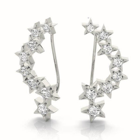 White gold Star Cluster Diamond Crescent Earrings with Round Cut Stones on a Curved Band and Prong Setting