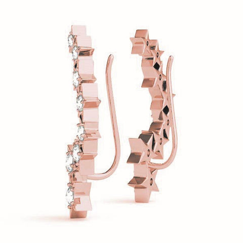 Rose gold Star Cluster Diamond Crescent Earrings with Round Cut Stones on a Curved Band and Prong Setting