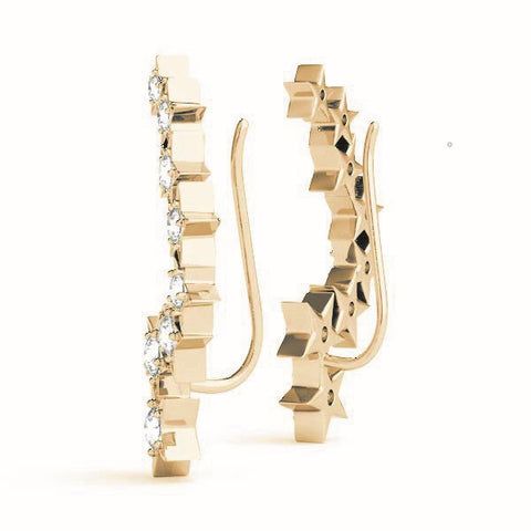 Yellow gold Star Cluster Diamond Crescent Earrings with Round Cut Stones on a Curved Band and Prong Setting